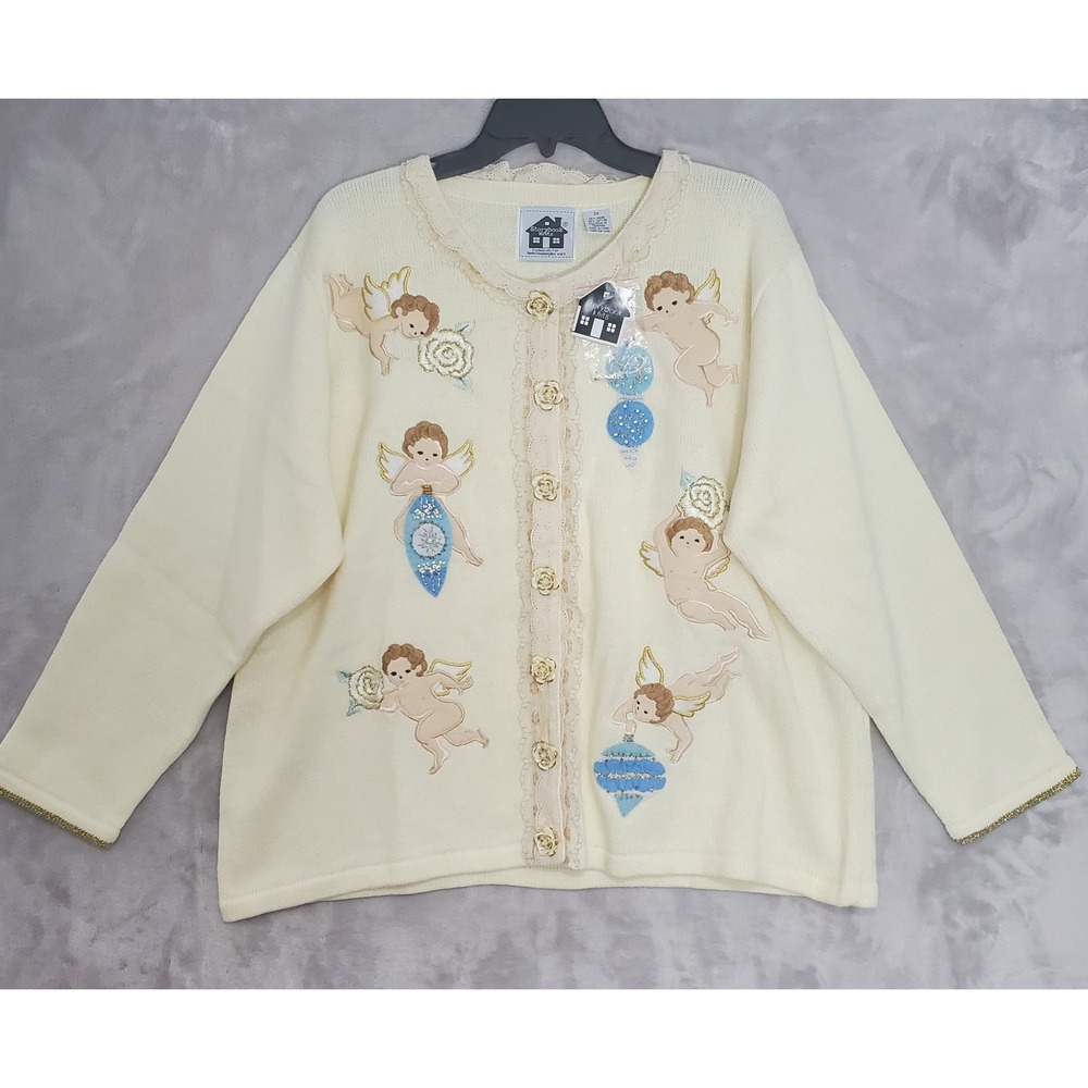 Vintage Storybook Knits Cherub Angel Sweater Womens 2XL‎ Cream Cardigan NWT